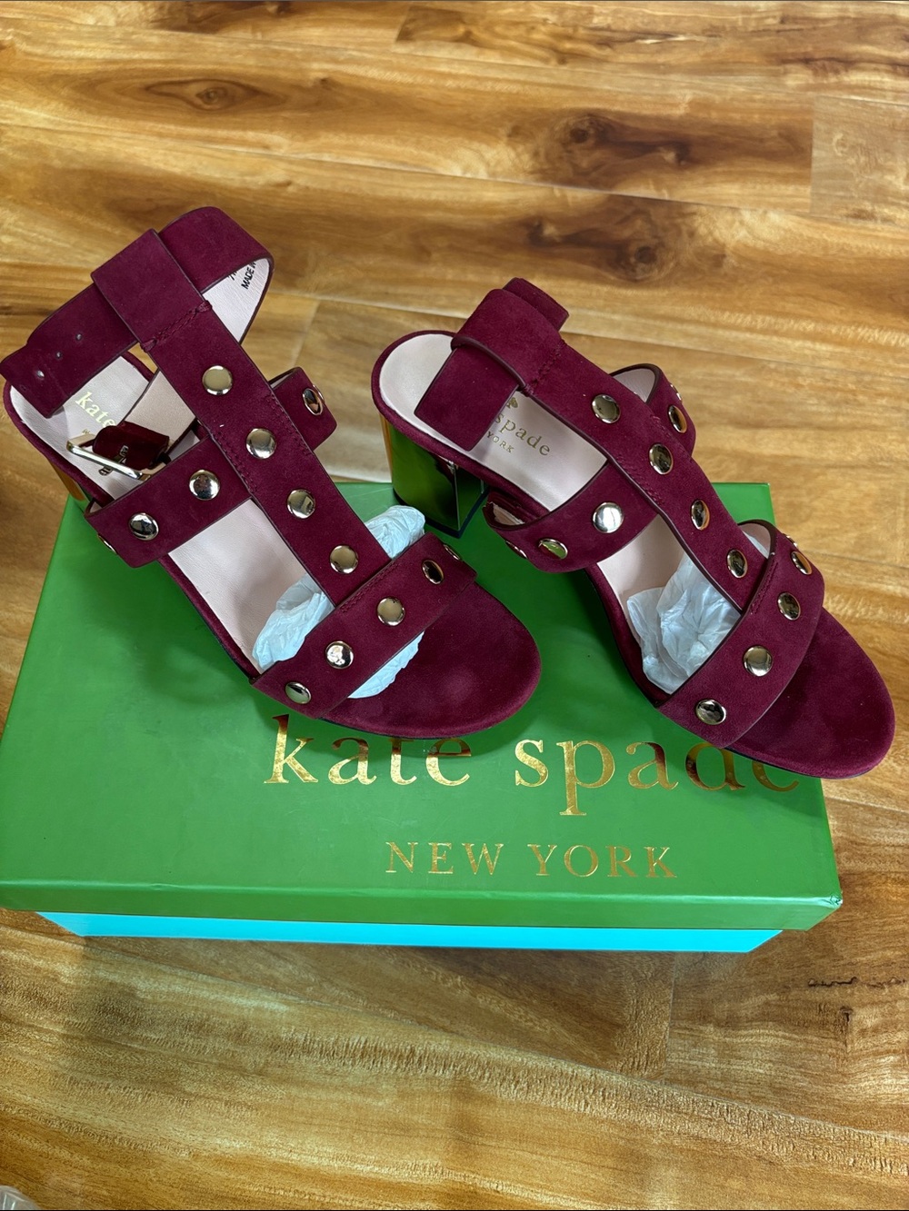 kate spade Burgundy Suede Studded Block Heel Sandals